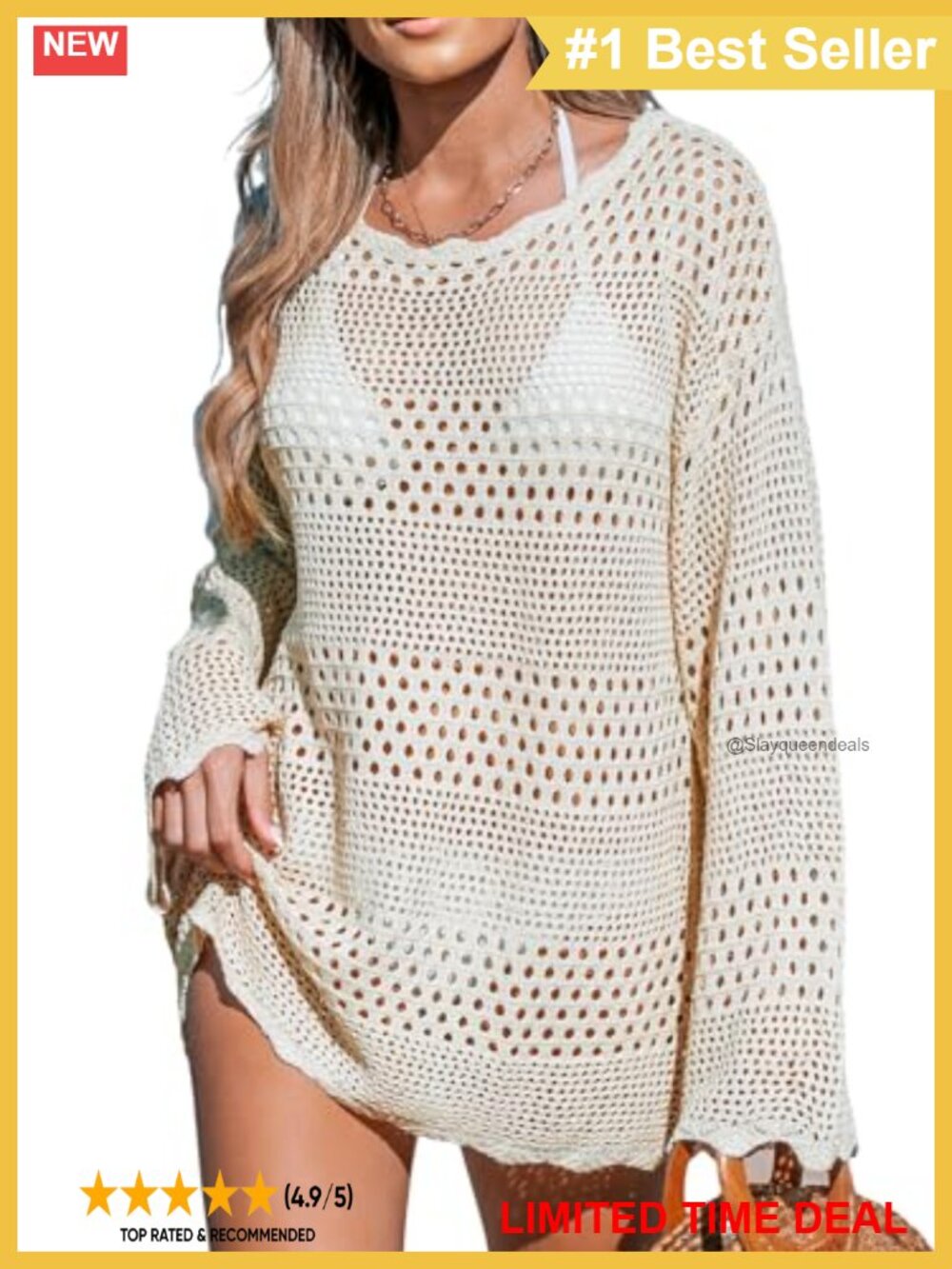 Crochet Long Sleeve Hollow Out Beach Dress Swim Coverup